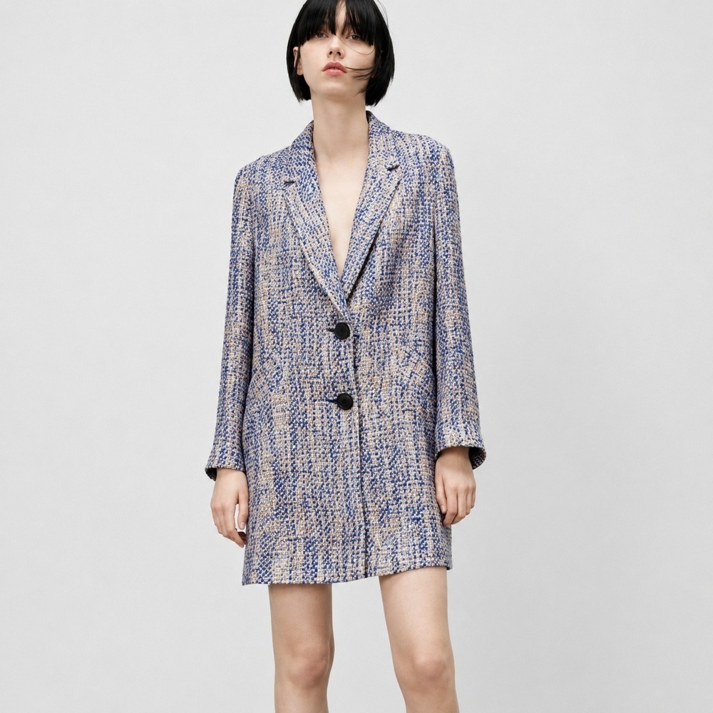 ZARA NEW Blue Multi Textured Frock Tweed Longline Overcoat Coat SZ Small Preppy